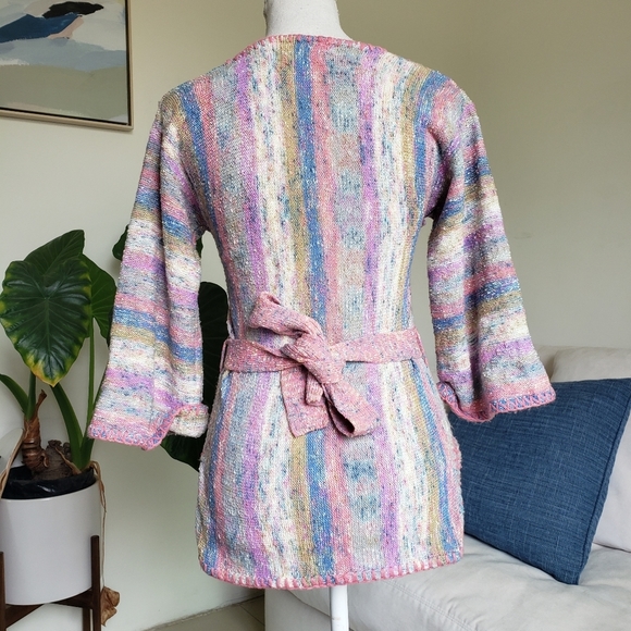Vintage 70s Foxmoor Knit Colorful Stripe Tie Back Top - Picture 4 of 8